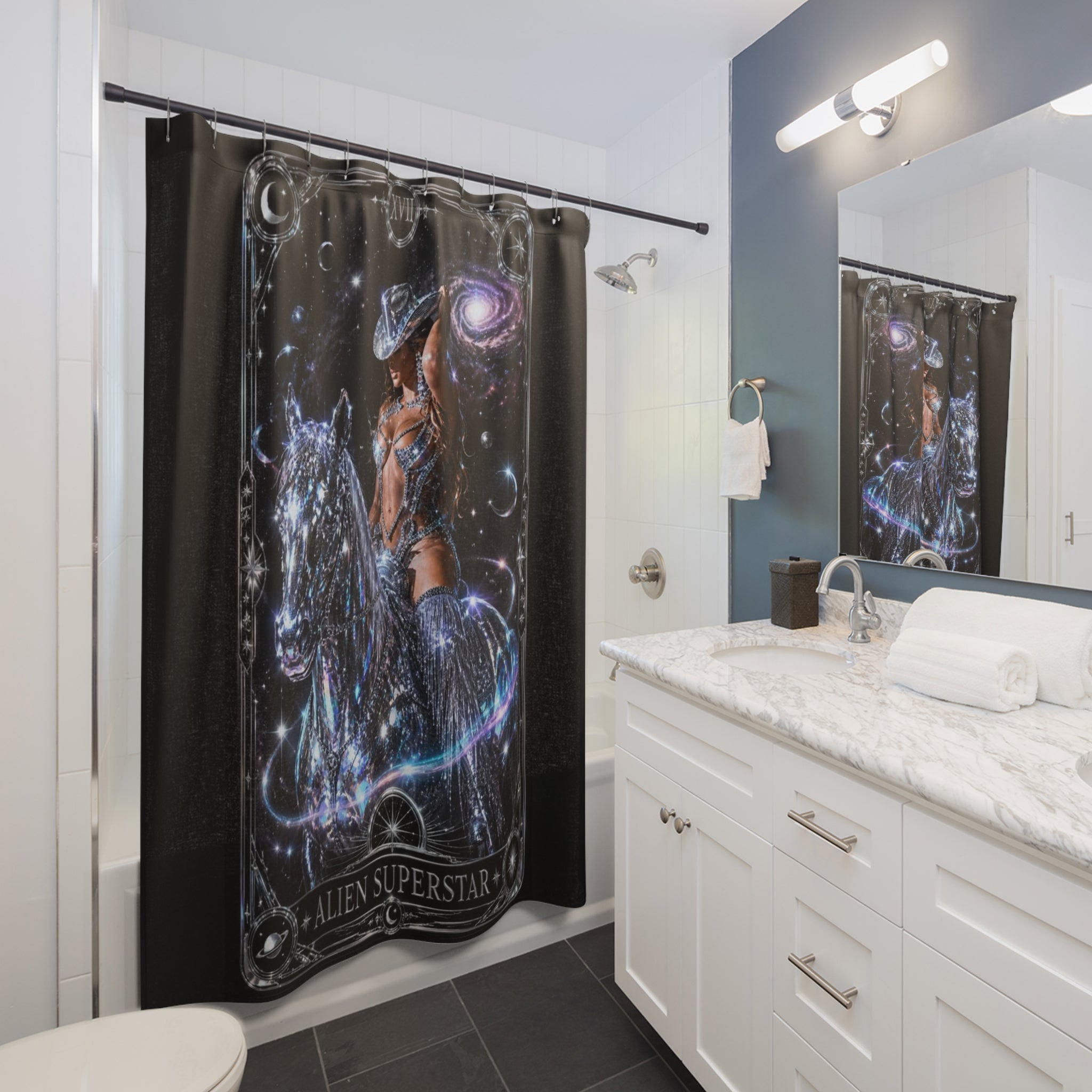 Beyonce Alien Superstar Shower Curtain — Cosmic Cowgirl & Galactic Wolf Bathroom Decor