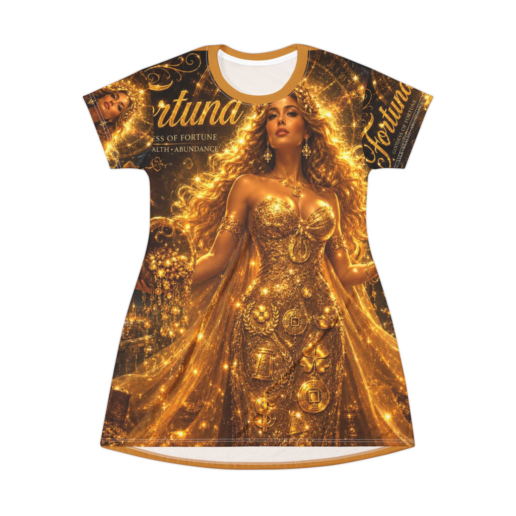 Golden Fortuna Goddess T-Shirt Dress — All-Over Print Mystical Glam