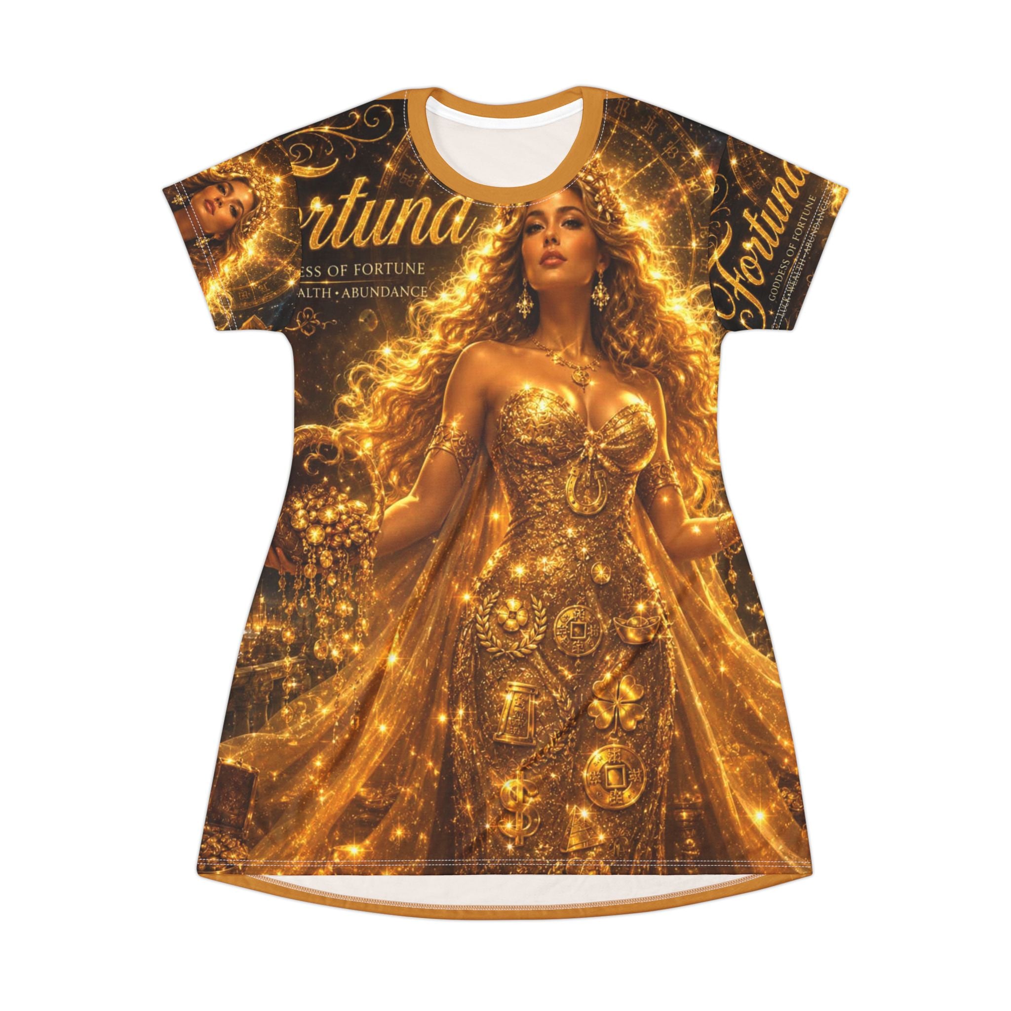 Golden Fortuna Goddess T-Shirt Dress — All-Over Print Mystical Glam