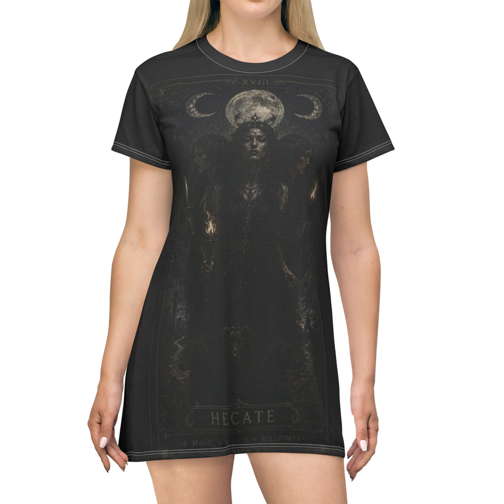Hecate Moon Goddess T‑Shirt Dress — Dark Gothic AOP Dress with Triple Moon Artwork