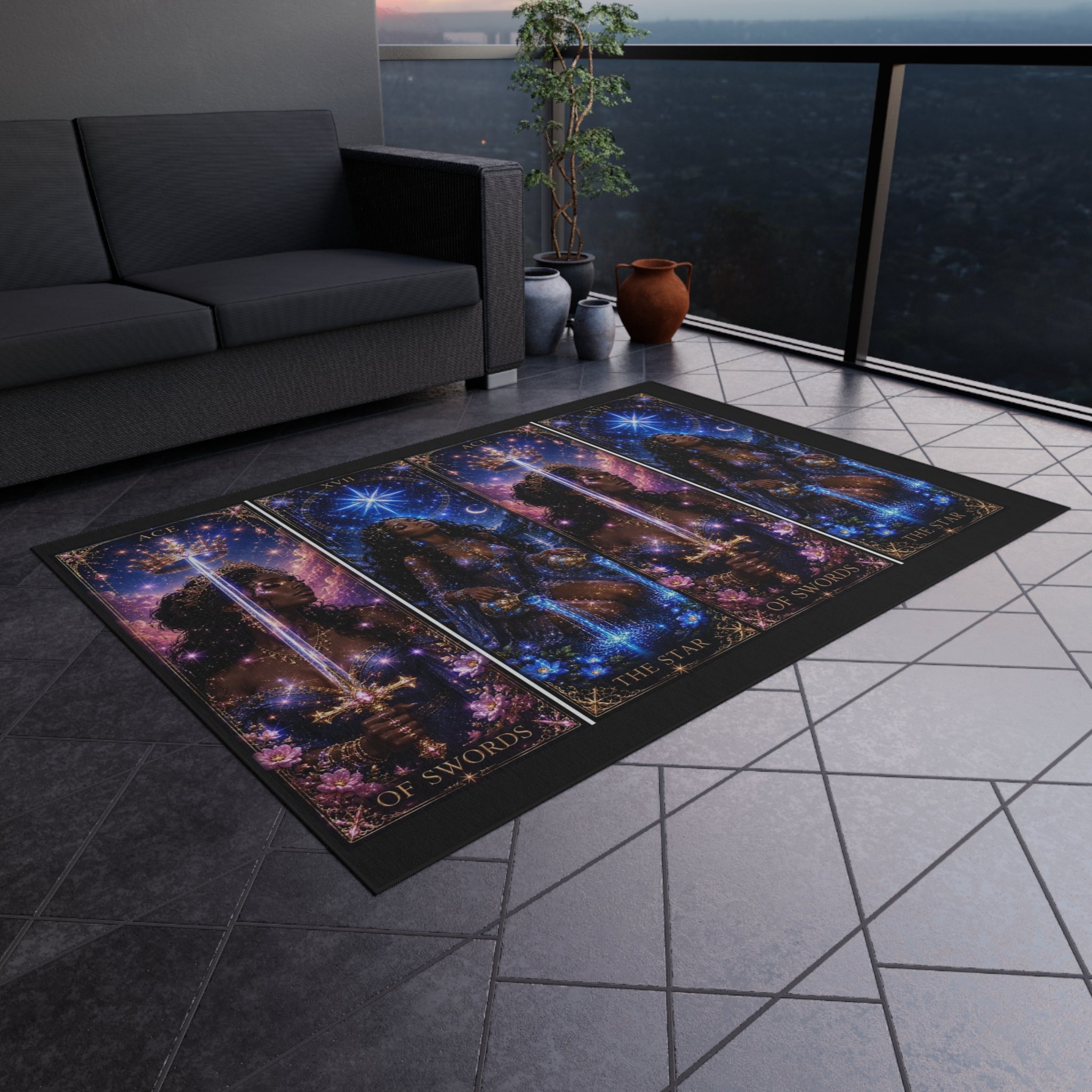 Gwenisha Tarot Star Outdoor Rug — Celestial Night Goddess Patio Mat