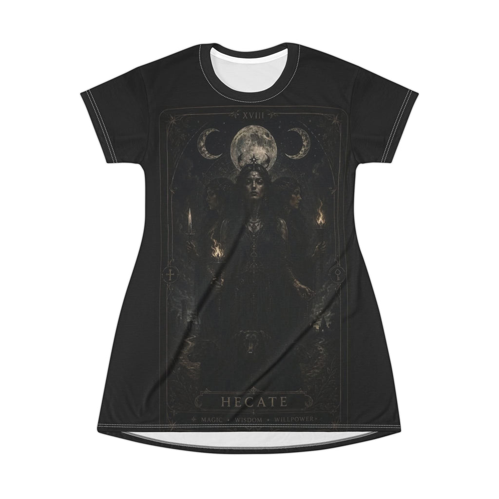 Hecate Moon Goddess T‑Shirt Dress — Dark Gothic AOP Dress with Triple Moon Artwork