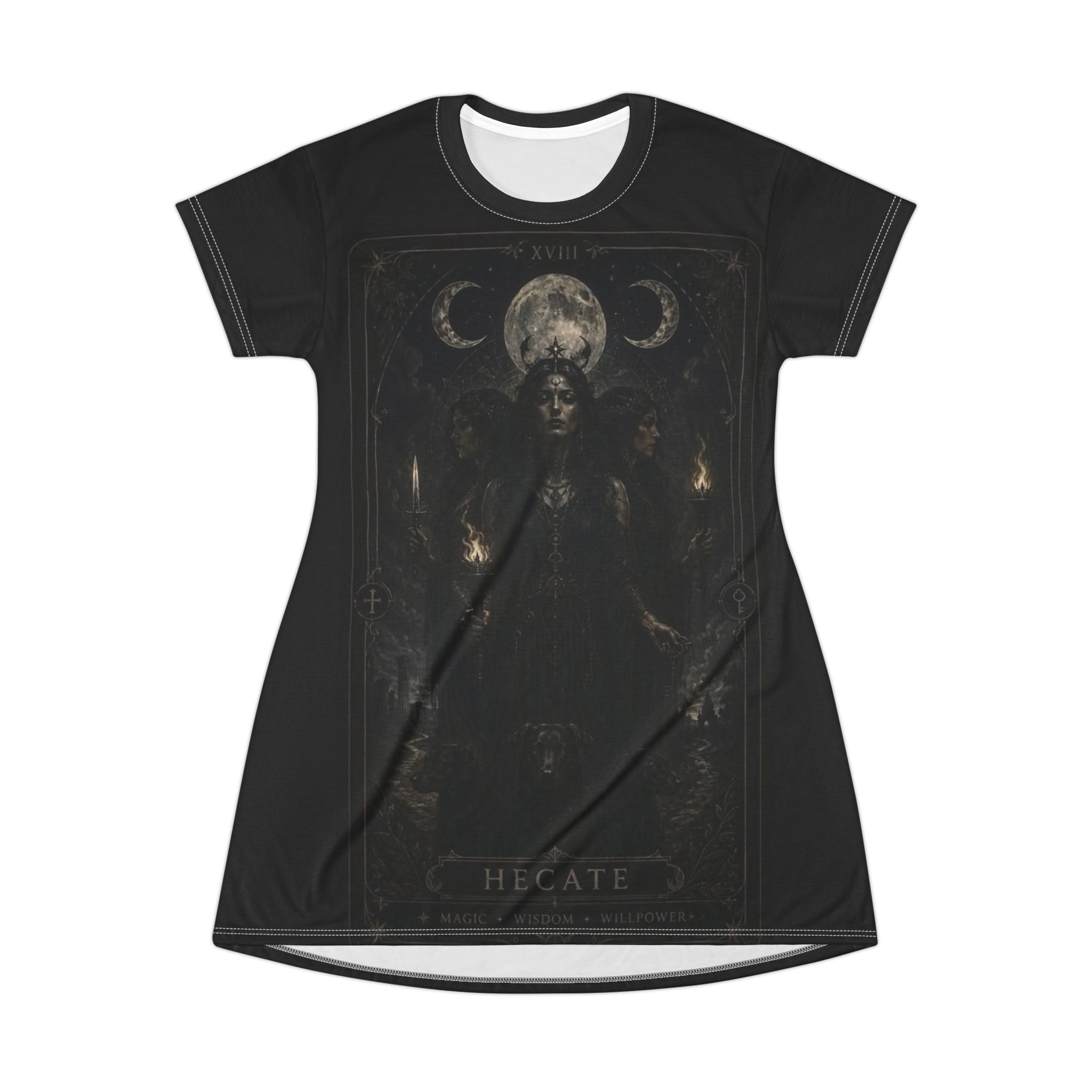 Hecate Moon Goddess T‑Shirt Dress — Dark Gothic AOP Dress with Triple Moon Artwork