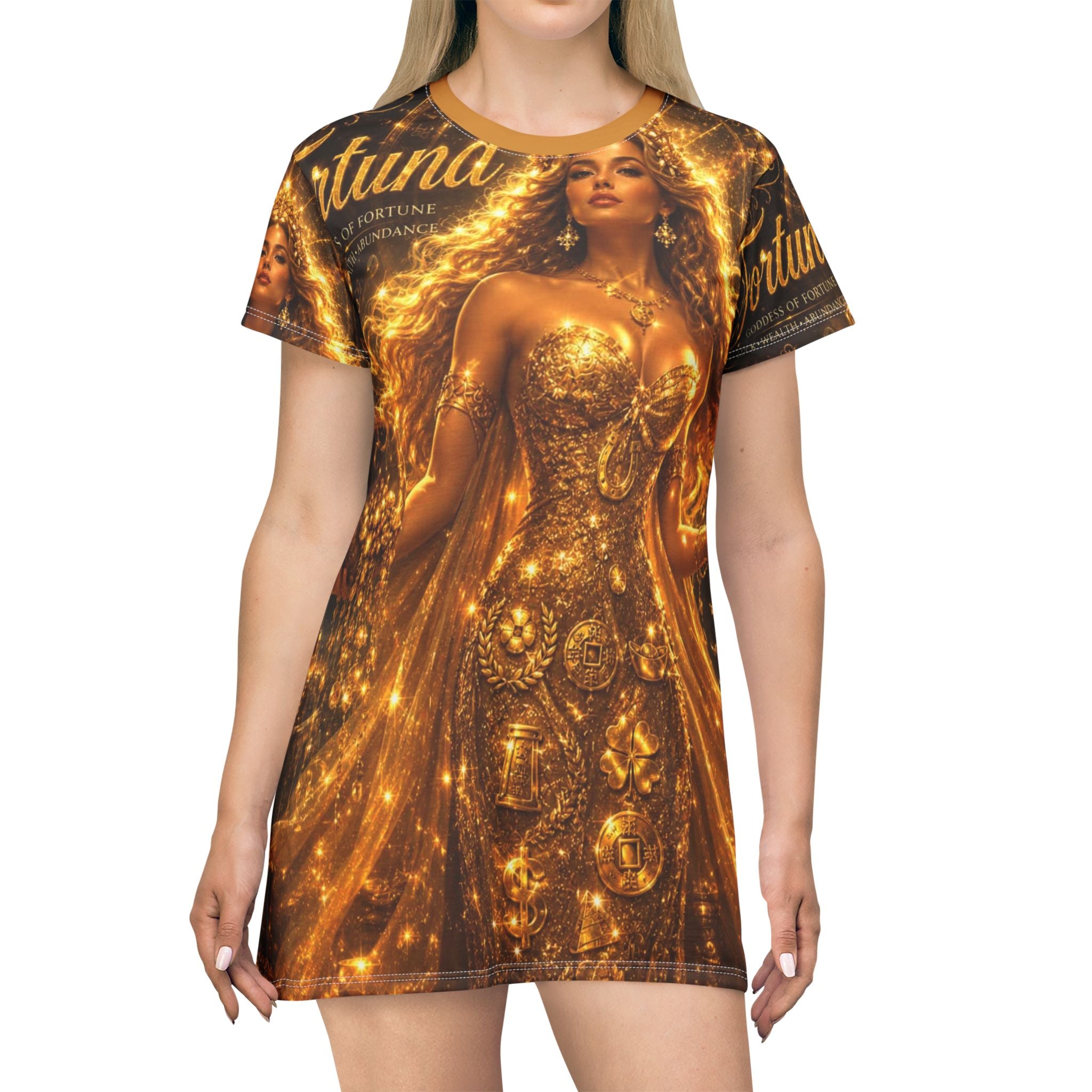 Golden Fortuna Goddess T-Shirt Dress — All-Over Print Mystical Glam
