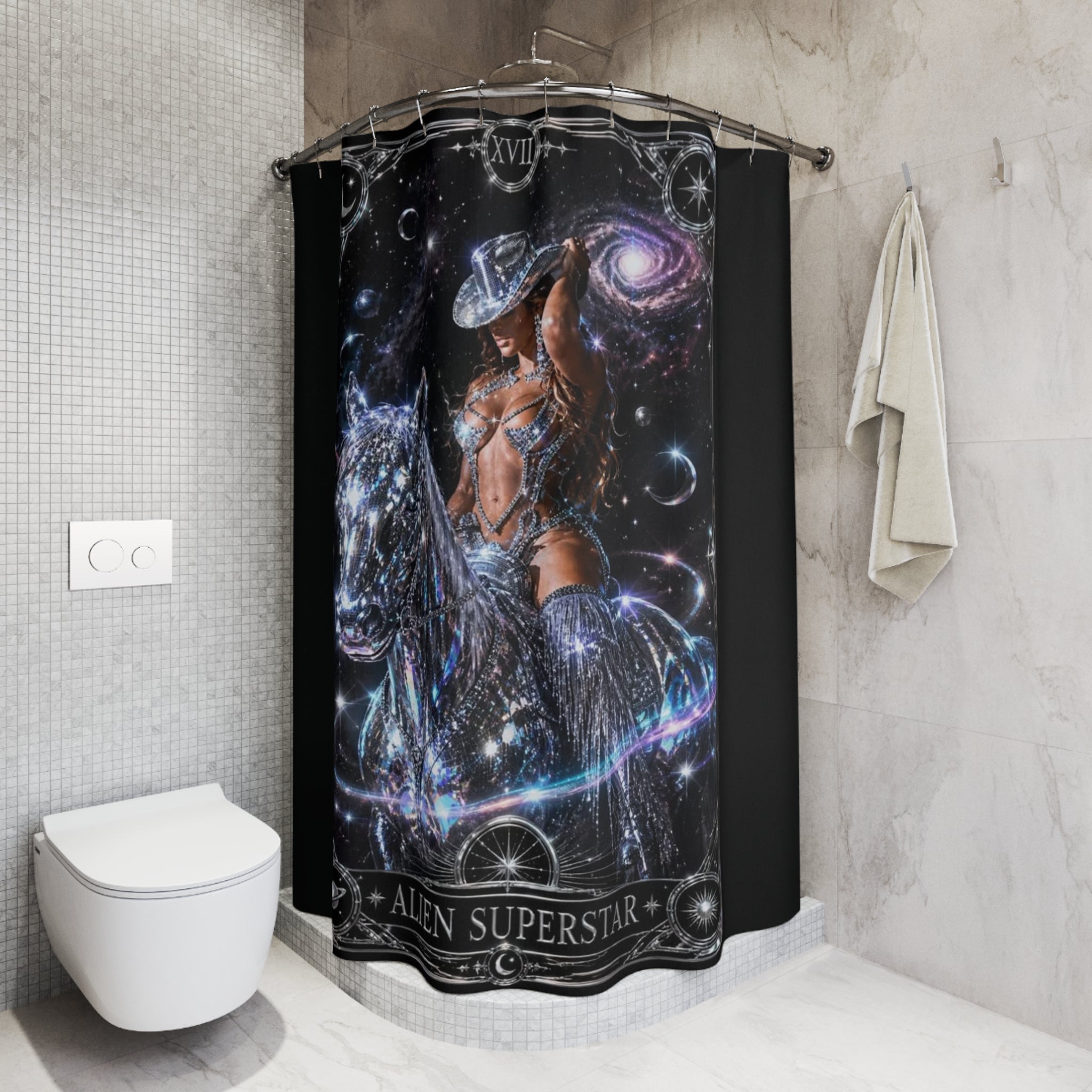 Beyonce Alien Superstar Shower Curtain — Cosmic Cowgirl & Galactic Wolf Bathroom Decor