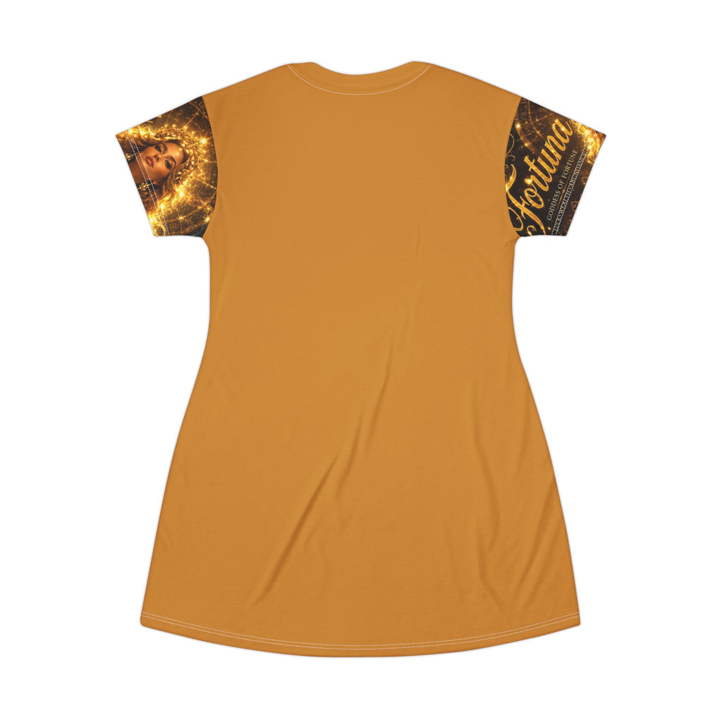 Golden Fortuna Goddess T-Shirt Dress — All-Over Print Mystical Glam