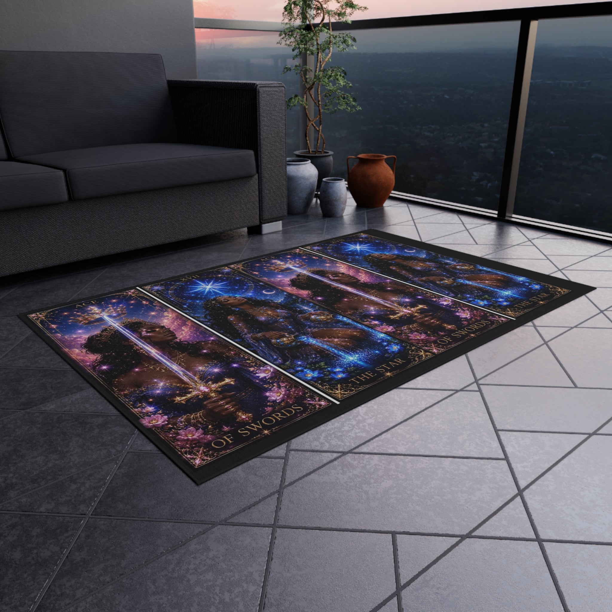 Gwenisha Tarot Star Outdoor Rug — Celestial Night Goddess Patio Mat